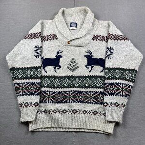 Woolrich Mens Gray Shawl Collar Fair Isle Deer Reindeer 100% Wool Sweater XL